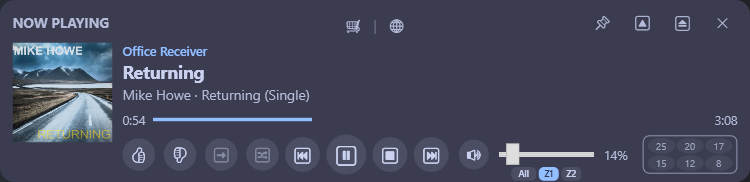Audio Hero compact view with album art, transport controls, and volume